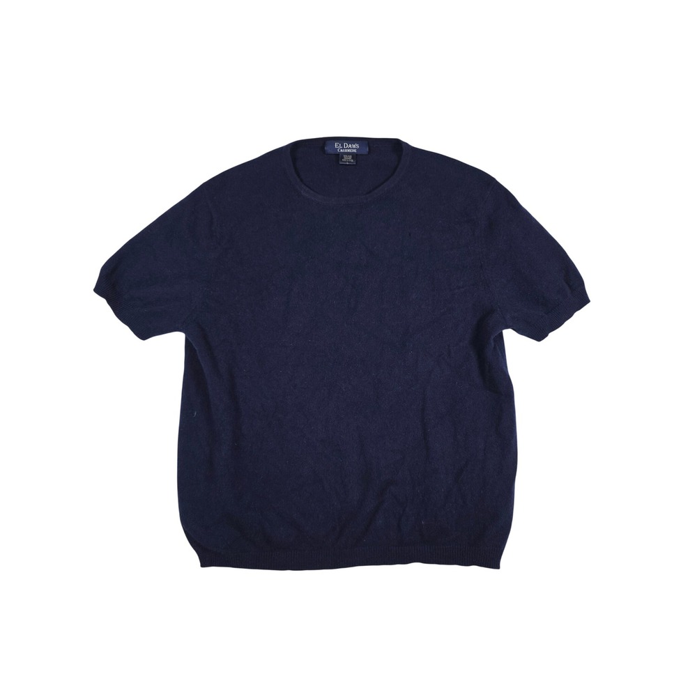 100% Cashmere Short Sleeve Sweater Crewneck Knit Tee Large Navy Blue Luxury